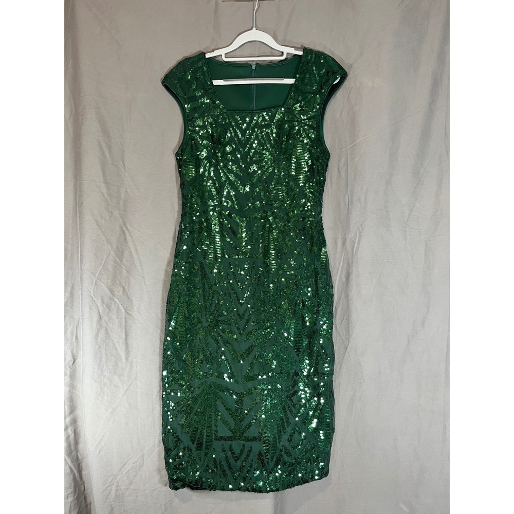 SHEIN Green Sequin Art Deco V Neck‎ Sleeveless Sheath Midi Dress Women's Size M